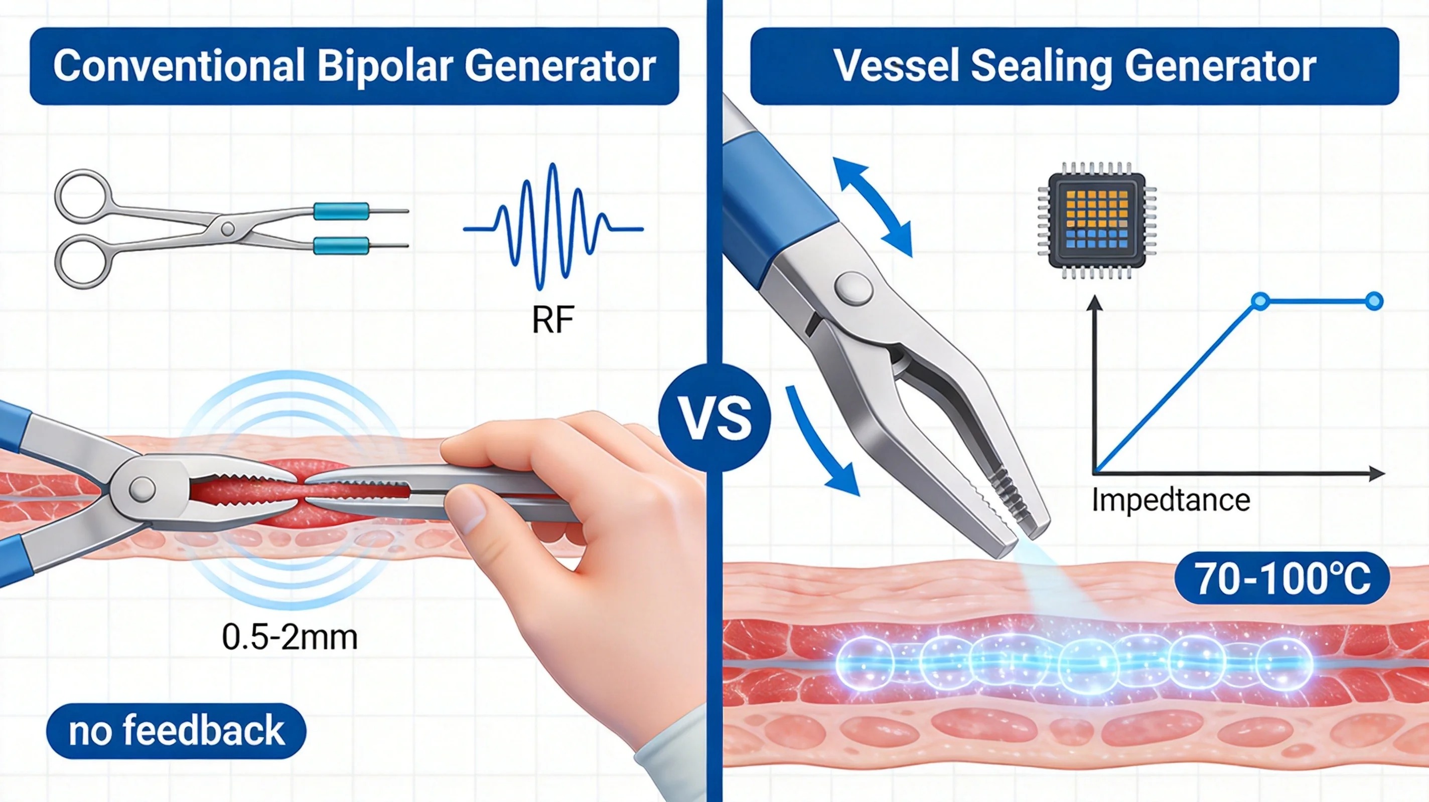 Conventional bipolar vs vessel sealing generator working principle comparison